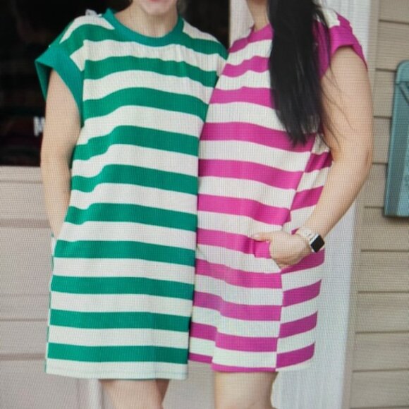 Entro Dress Womens Green White Stripe Sleeveless Mini Dress Pockets - Picture 6 of 6